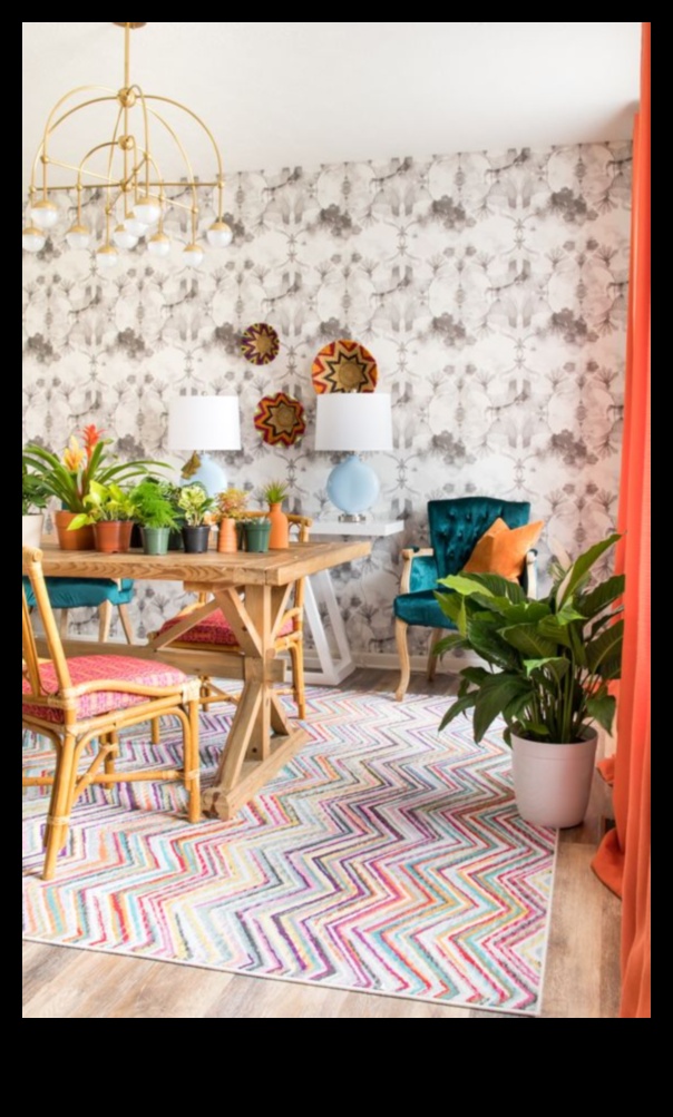 עיצוב חדר אוכל בהשראת בוהמית עם צבעים נועזים